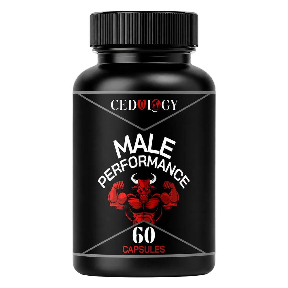A black plastic supplement bottle with a black ribbed cap, featuring a label for 'CEDULOGY Male Performance 60 Capsules' with a red muscular graphic on a white background.