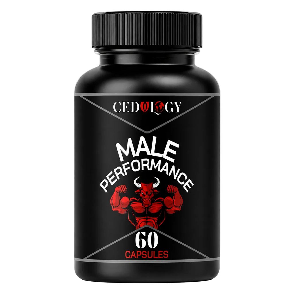 A black plastic supplement bottle with a black ribbed cap, featuring a label for 'CEDULOGY Male Performance 60 Capsules' with a red muscular graphic on a white background.