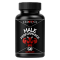 A black plastic supplement bottle with a black ribbed cap, featuring a label for 'CEDULOGY Male Performance 60 Capsules' with a red muscular graphic on a white background.