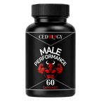 A black plastic supplement bottle with a black ribbed cap, featuring a label for 'CEDULOGY Male Performance 60 Capsules' with a red muscular graphic on a white background.